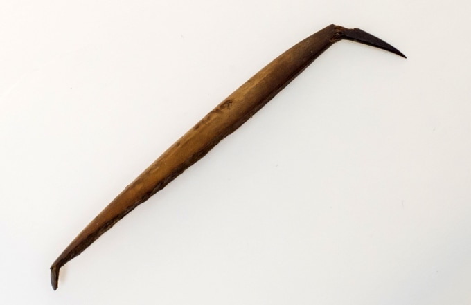 A photo of a sharpened bone awl on a white background