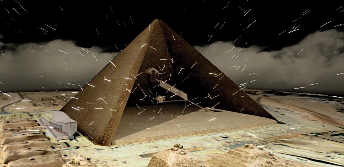 illustration of muon particles raining down on the Great Pyramid of Giza