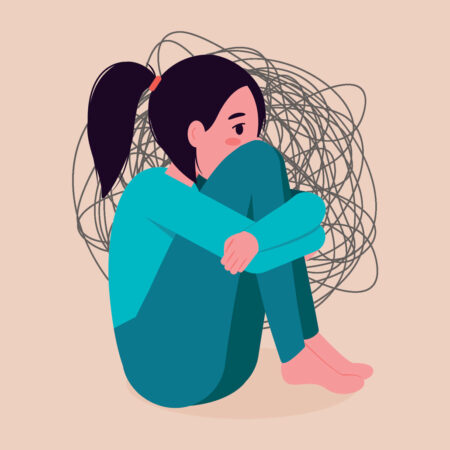 an illustration of a girl with a ponytail hugging her knees and ruminating anxiously