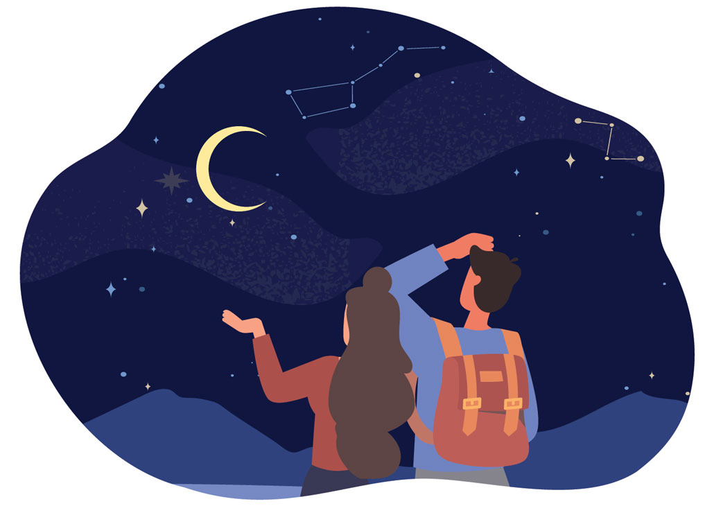 an illustration of two people looking up at the night sky