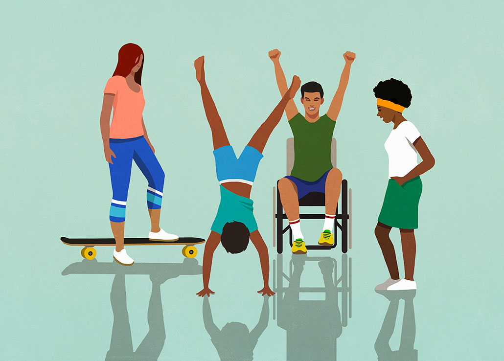 an illustration of people skateboarding, doing a headstand, winning a wheelchair race and hanging out outside