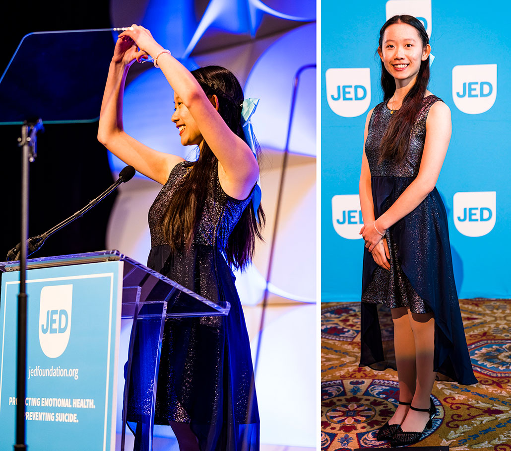 a composite photo of Audrey Wang, a young Asian woman with long black hair and a big smile wearing sparkling dark blue dress. And a photo of her speech in front of a press backdrop and during her speech on stage