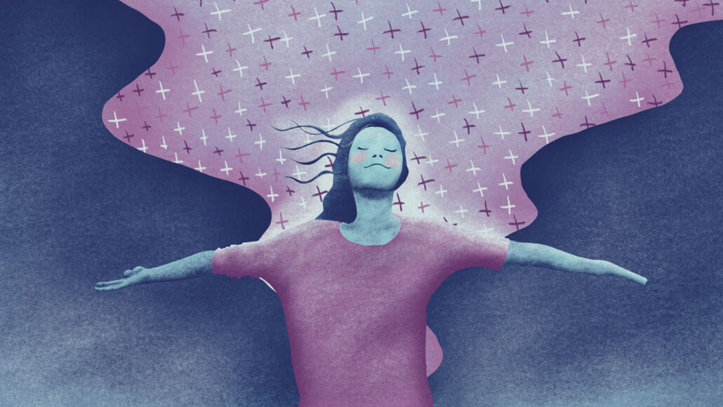 a cool toned watercolor style illustration of a young woman with long hair facing forward. Her head is tilted up, her eyes are closed, and behind her is a cloud of plus (positive) signs