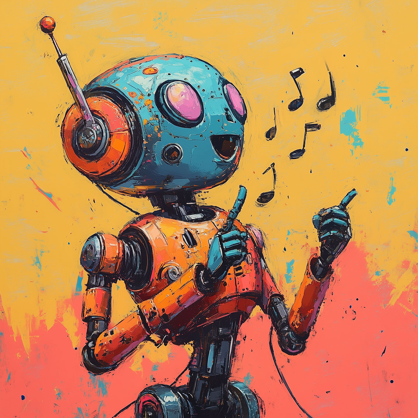 an AI generated image of a blue and orange humanoid robot singing a song