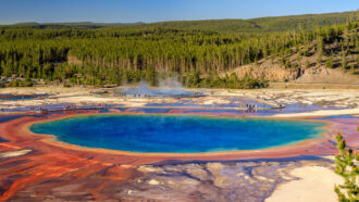 a vast pool of water with blue in the middle, surrounded by rings of yellow and reddish water around the edges