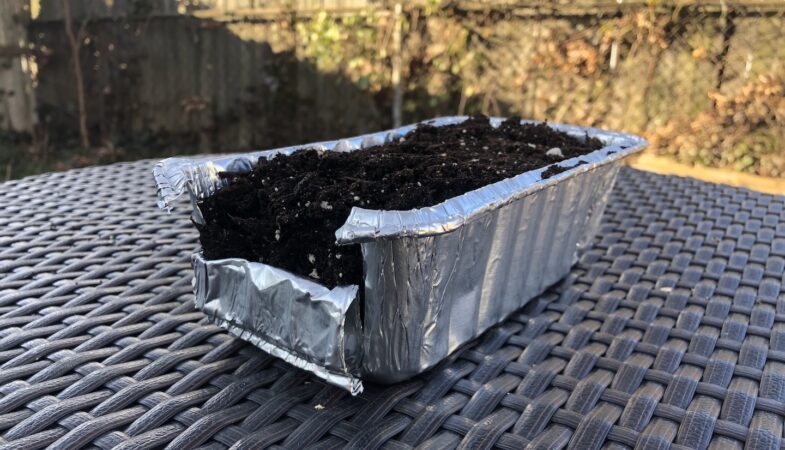 bread pan filled with soil, with the top half of one of the pan's short sides folded down to expose the soil