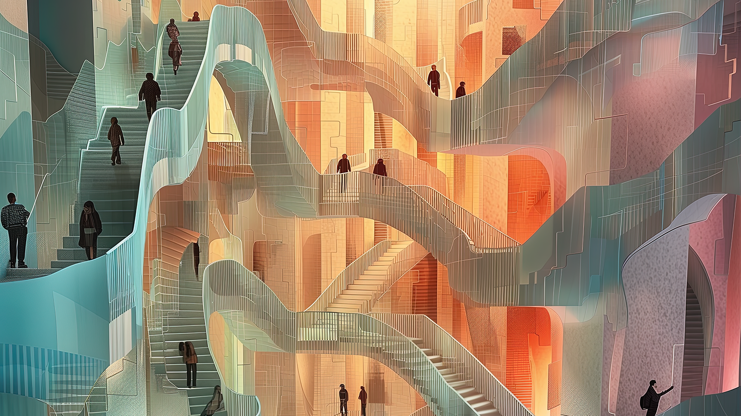 an AI generated image showing impossible architecture, curving and swoopy staircases with impressions of people walking up and down them