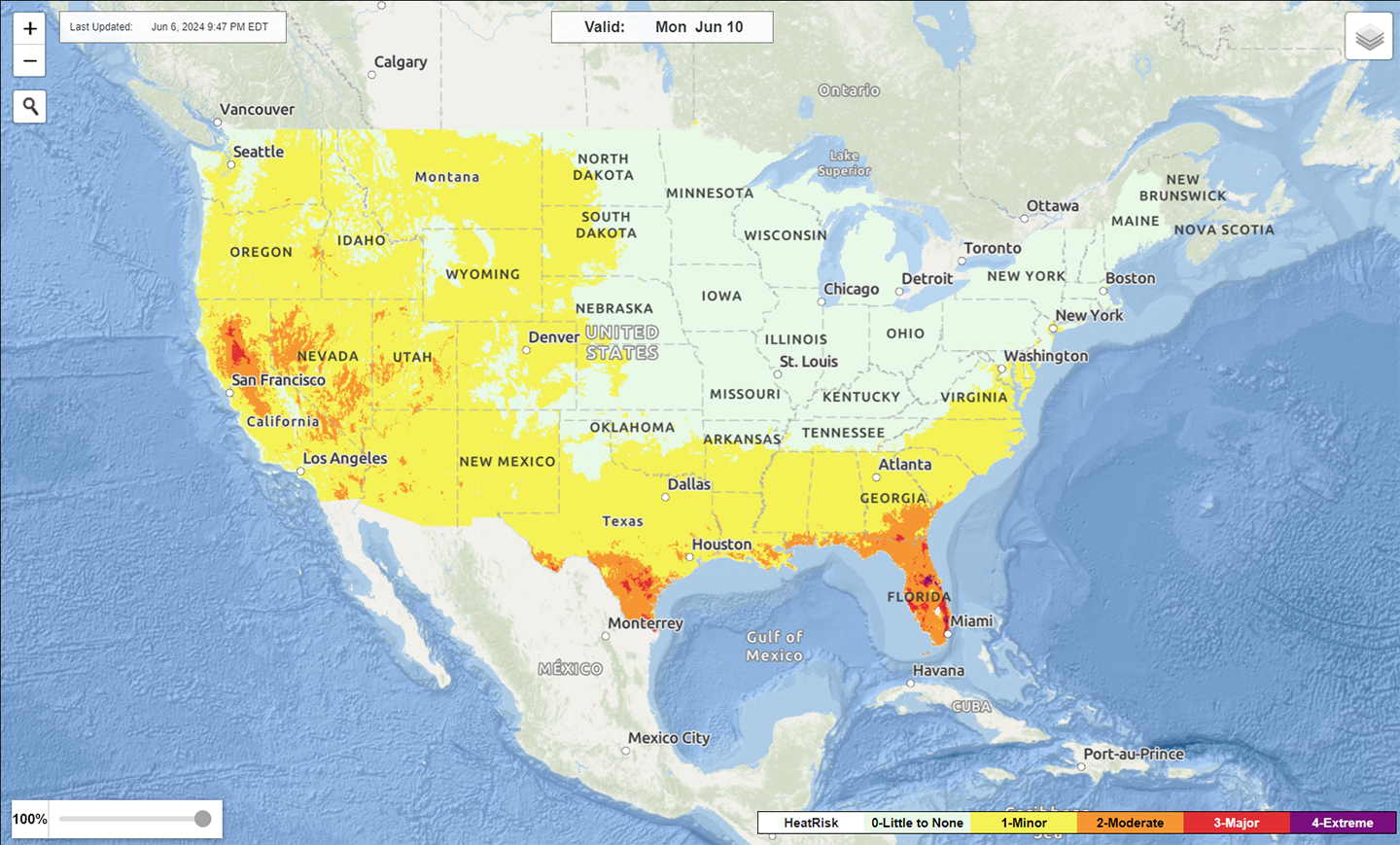 a screencapture of a map of the continental United States showing heat risk for Monday June 10, 2024