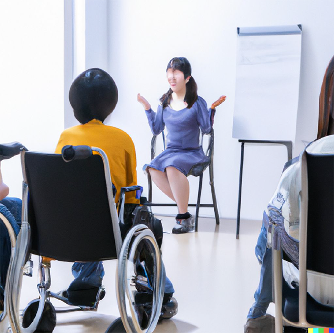 an AI generated image showing a woman sitting in a chair leading a meeting, looking on is a person in a wheelchair and other people in chairs