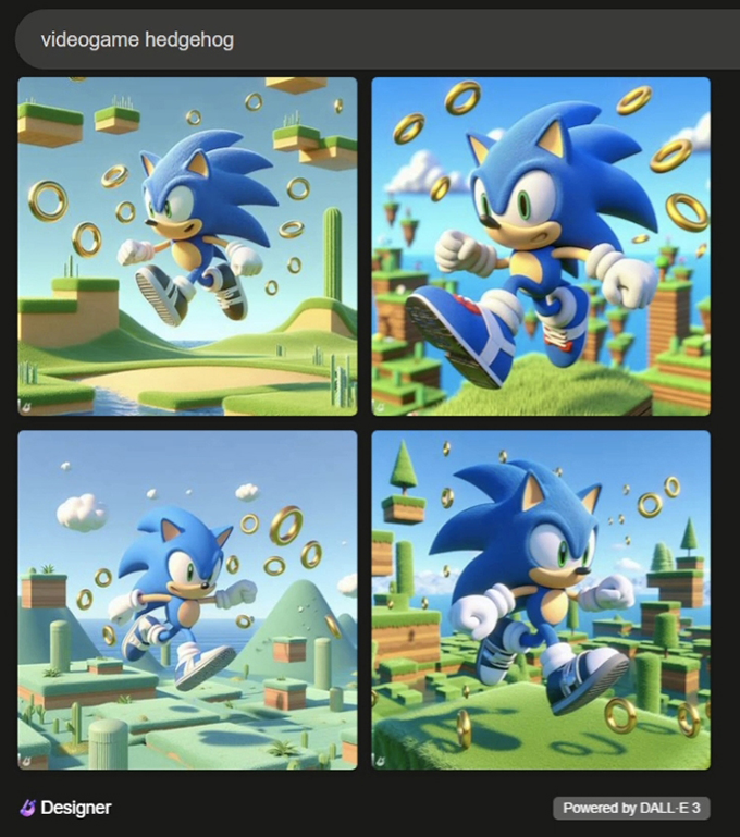 a set of four images generated by AI with the prompt "videogame hedgehog" - all of them look very much like Sonic the hedgehog